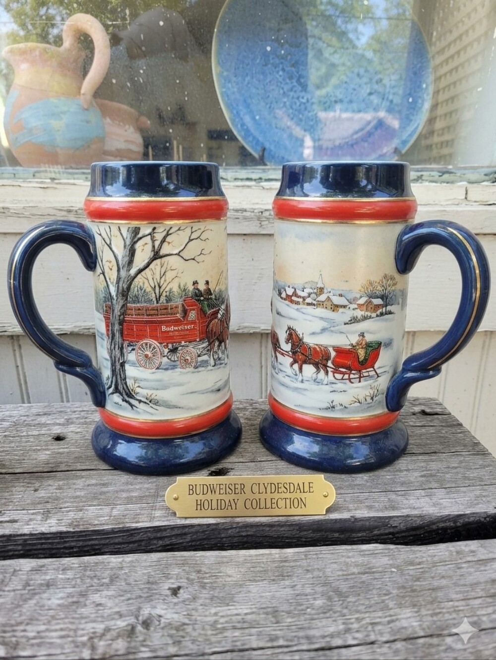 Vintage Barware Budweiser Holiday Stein Lot 1990 & 1991 Susan Sampson Beer Mugs